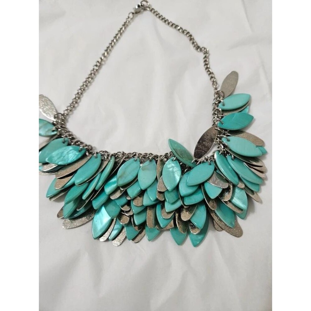 Vintage Turquoise Leaf Fringe Necklace with Silver Accents - Women Jewelry